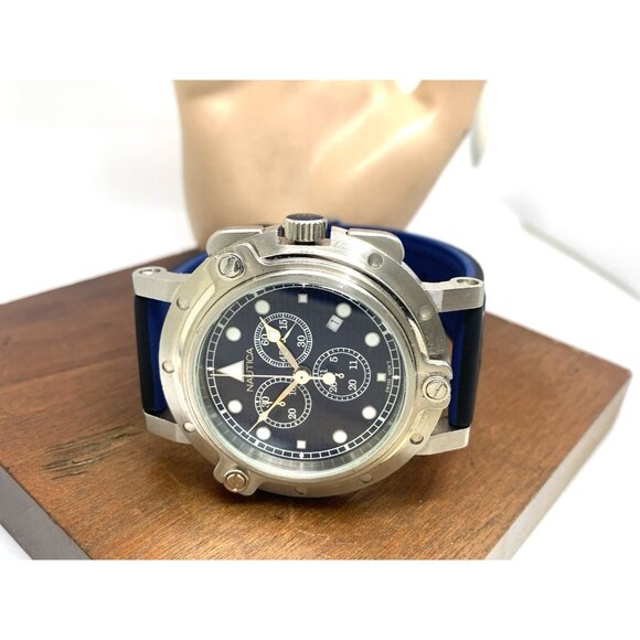 Nautica Men's Watch A35090 Quartz Chronograph Black Blue Rubber Strap 45mm - Picture 8 of 14